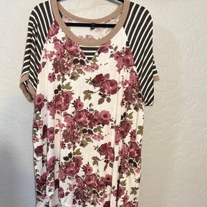 Striped and Floral Short Sleeve Women's Top